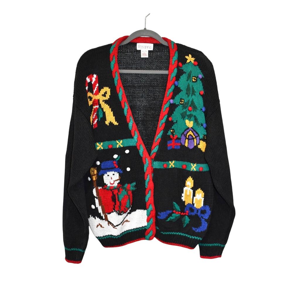 Rosanna Vintage Christmas Sweater Size Large Snowman Tree Presents Pom Poms